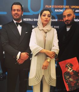 ساره بیات با مانتوی سفید و تیپ رسمی نوید محمدزاده و پژمان بازغی در جشنواره فیلم کن2015